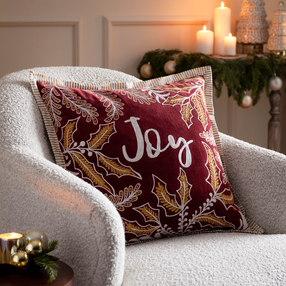 Paoletti Winter Joy Embroidered 100% Cotton Christmas Cushion