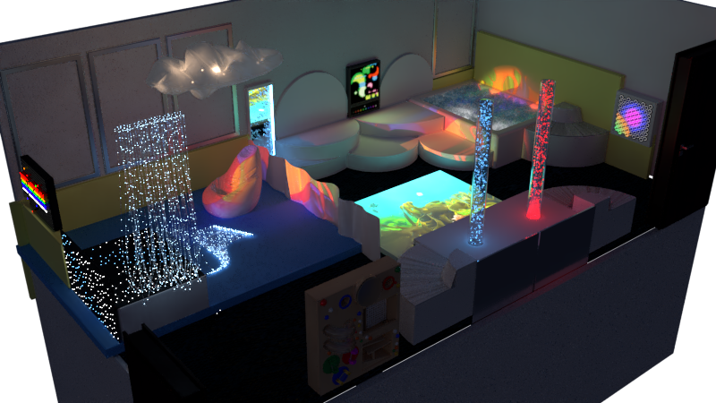 3D sensory room design with projection, indoor swing and bubble columns