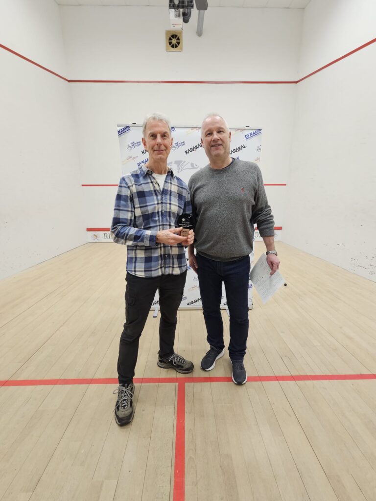 Men's O65 Runner Up Phillip Monaghan, presented by Mark Davies, by Rhiwbina Squash Club, Club Secretary