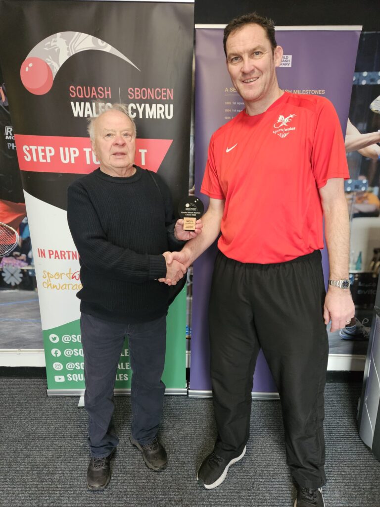 Men's O75 Runner Up Jeff Angove presented by Squash Wales Director of Performance and Participation David Evans