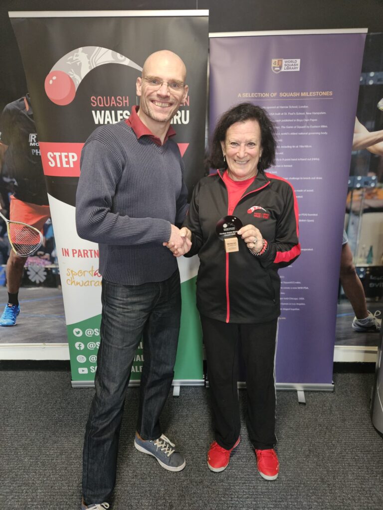 Women's O60:65 Runner Up Lynne Davies, presented by Masters Committee member Paul Barrell