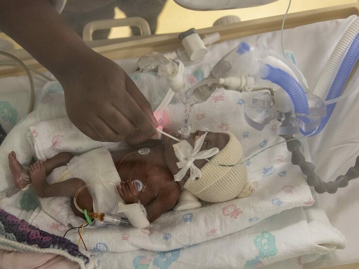 Baby in incubator with mum cleaning mouth with a cotton wool bud