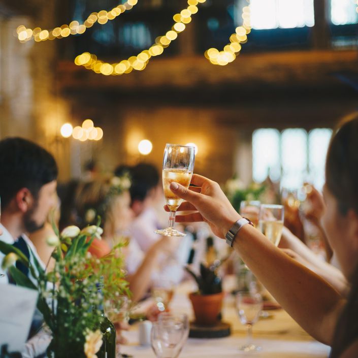 People sat at a wedding dinner toasting to the bride and groom