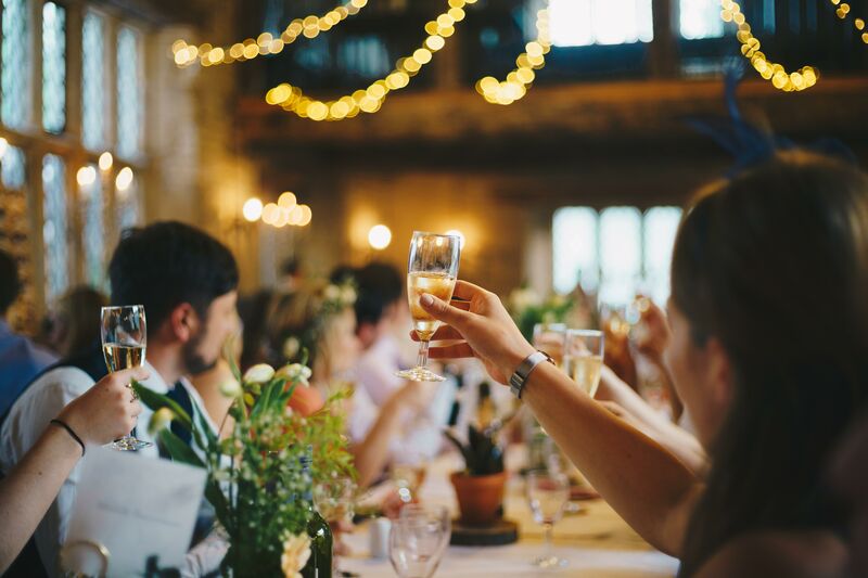 People sat at a wedding dinner toasting to the bride and groom
