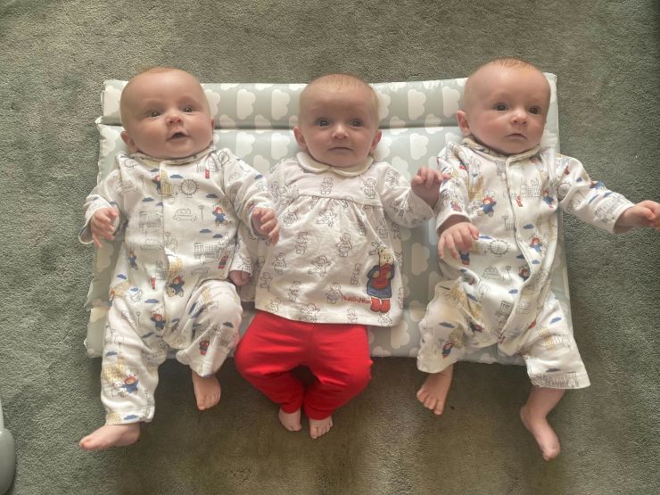 Three triplet babies lying next to each other on a cushion.