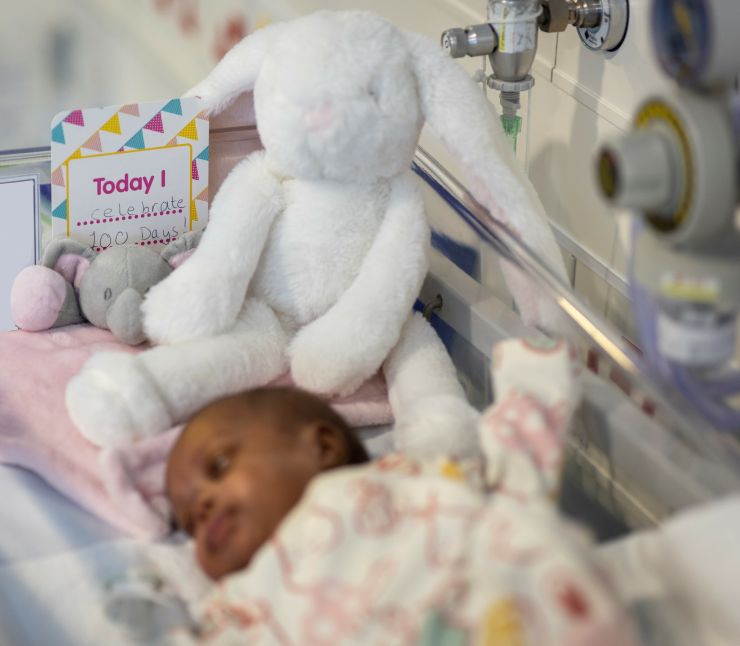 Baby asleep in a cot next to a bunny rabbit stuffed toy and a card celebrating the baby's 100th day