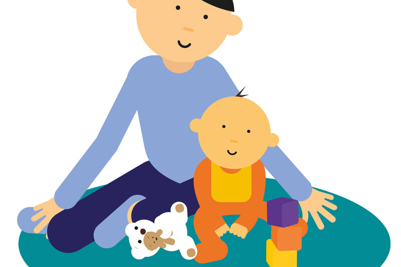 Cartoon of Mum and baby sitting on a rug with toys