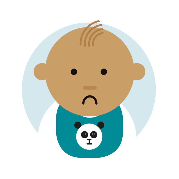 Cartoon of baby looking unhappy wearing a panda bib