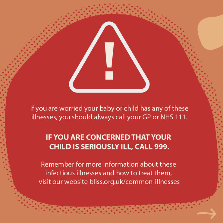 A warning sign telling parents to call their GP or NHS 111 if they think their child is displaying any of the symptoms in this guide, or to call 999 if they think their child is seriously ill.