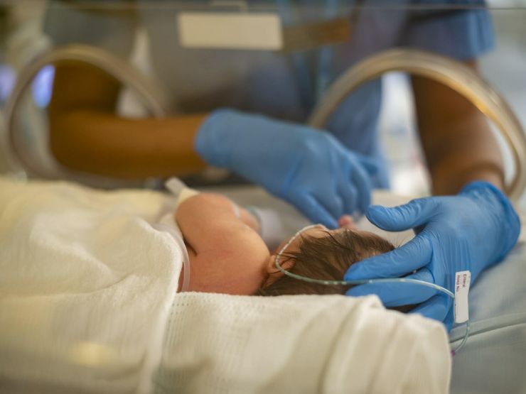A nurse gently holds a baby's head while they lie in an incubator