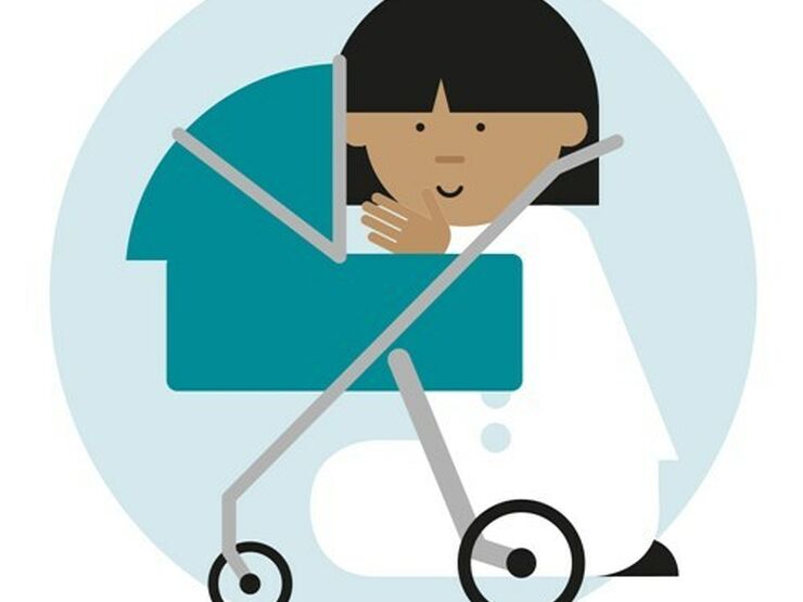 Illustration of a person crouched down next to a baby's pushchair.