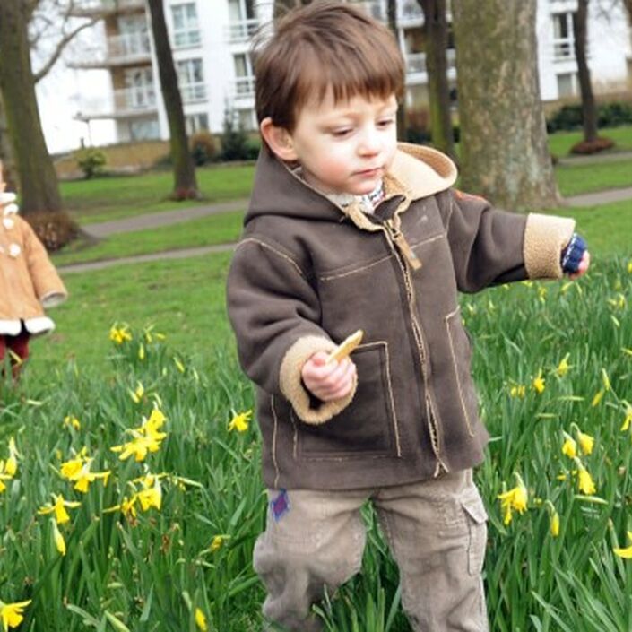 Little boy in foreground and little girl in background about the age of toddler running through daffodils in a park