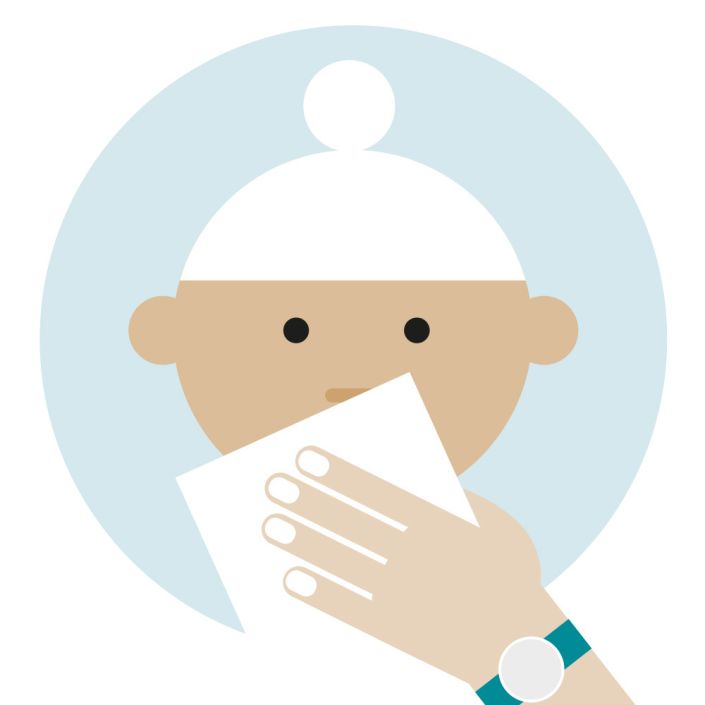 Illustration of a baby with a tissue being held up to their nose.