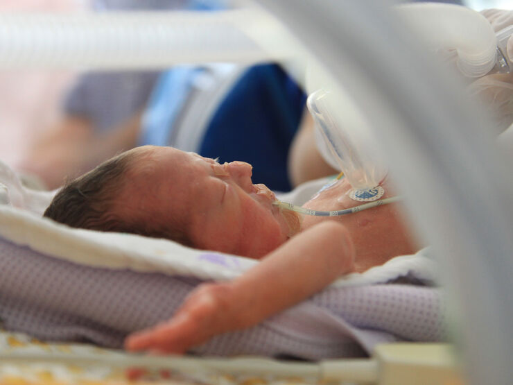 Baby in an incubator attached to tube sleeping