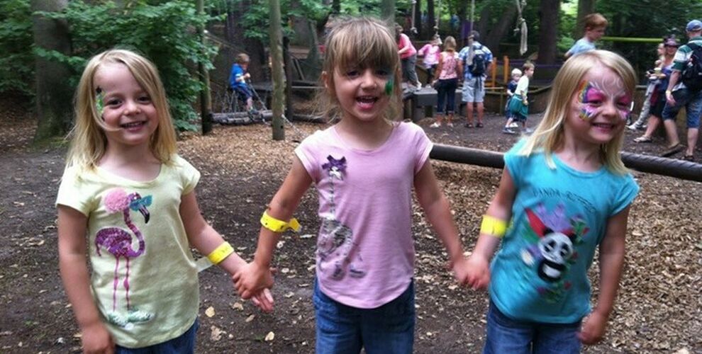 Kate, Holly and Jessica as small children, in a playground in a woodland