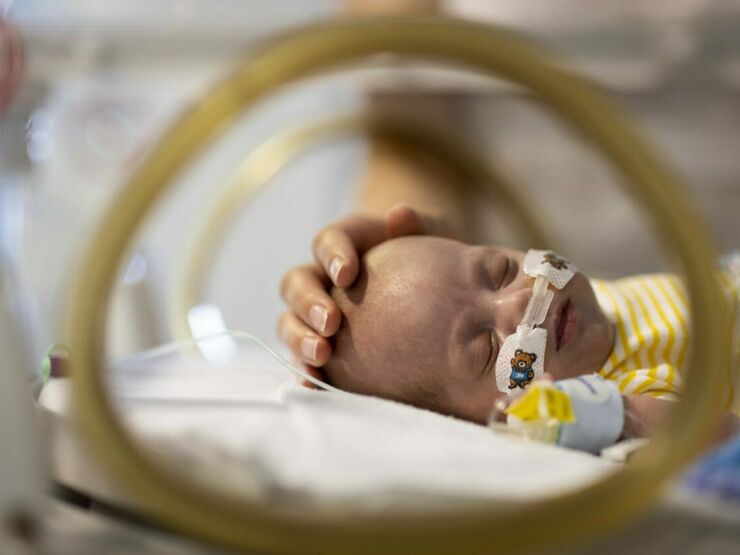 A closeup of a sleeping baby's upper body and head lying in an incubator, with a parent's hand gently placed on their head