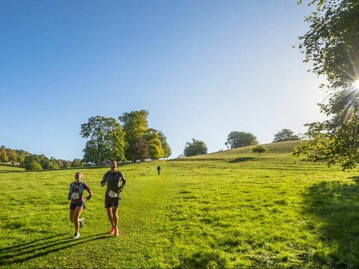 2 walkers coming down a grassy hill with sunshine behind them