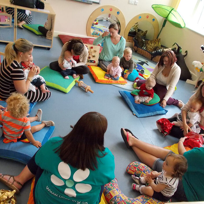 Mums sat on the floor in a circle with their babies