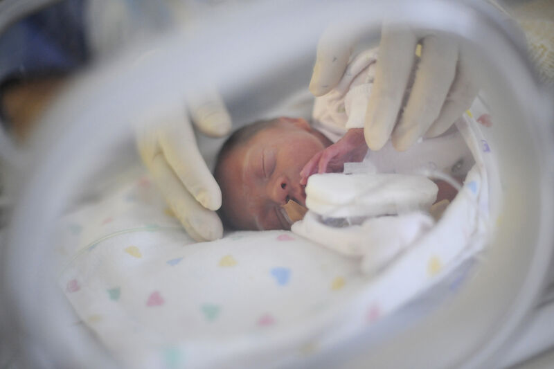 A baby in an incubator being gently touched by hands with latex gloves on