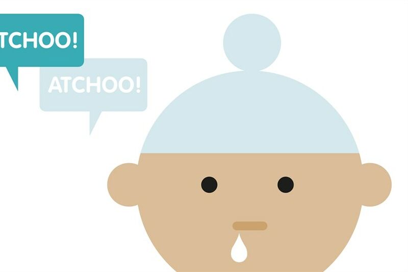 Cartoon of baby with hat on and runny nose with caption atchoo