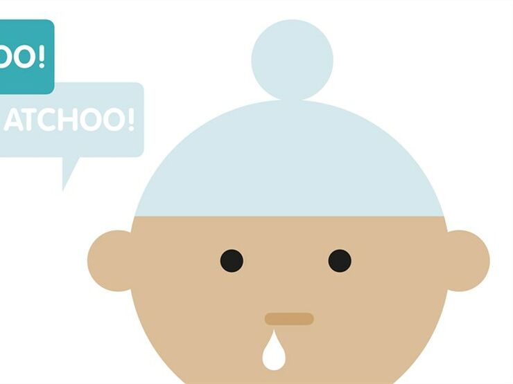 Cartoon of baby with hat on and runny nose with caption atchoo
