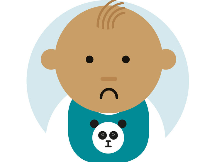 Cartoon of baby looking unhappy wearing a panda bib