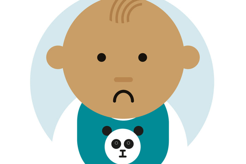 Cartoon of baby looking unhappy wearing a panda bib