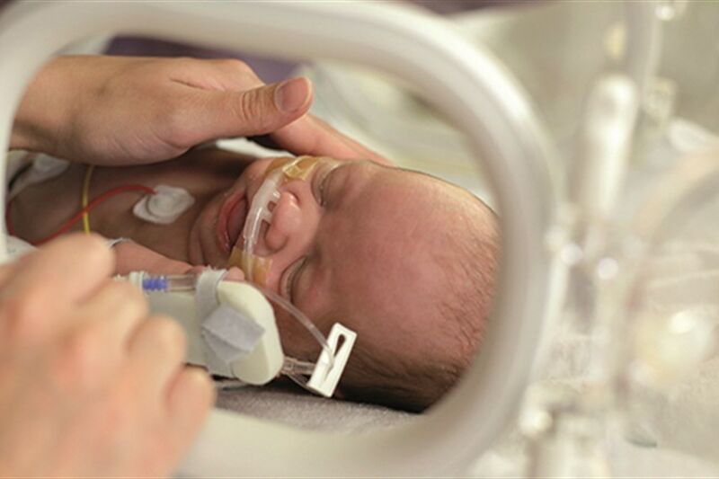 Baby in incubator with an adult's hand touching the baby's face