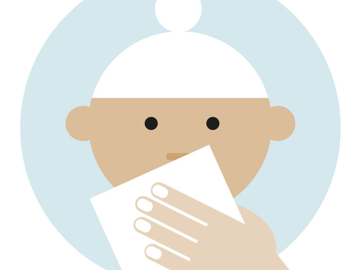 Illustration of a baby with a tissue being held up to their nose.