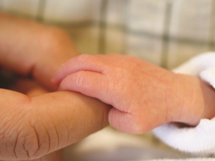 A tiny baby hand grasping onto its parent's index finger.