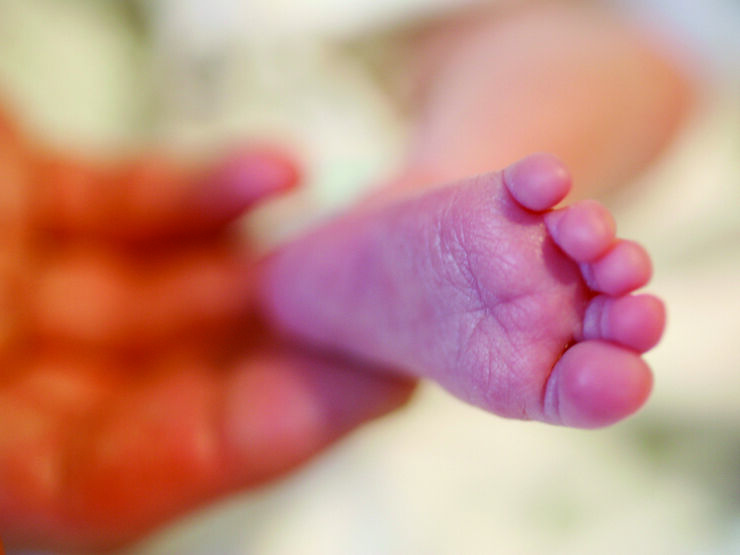Baby's foot in focus being held by a hand which is blurred in the background