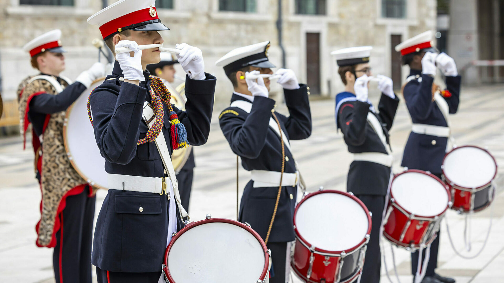 Drummers lined up performing in the Lord Mayors Cadet Music Parade