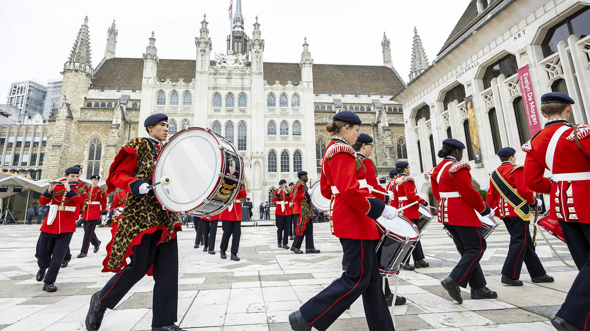 CCF cadets in a marching band, performing in the Lord Mayors Cadet Music Competition