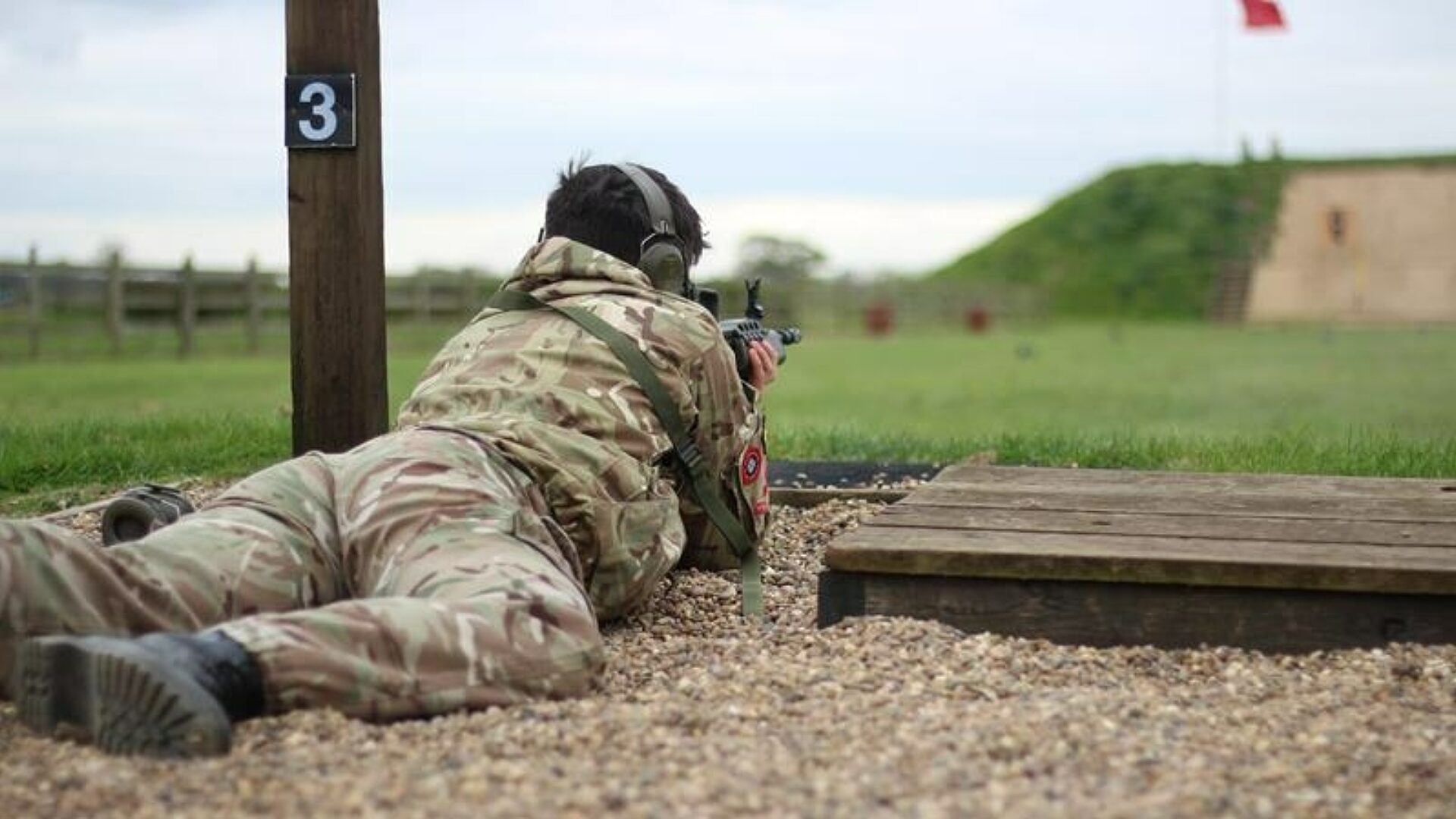Priory Academy LSST L Cpl Owen Frances pic Cpl Callum Nicol in the prone position on a 100m GP Rifle Range at RAF Beckingham 1