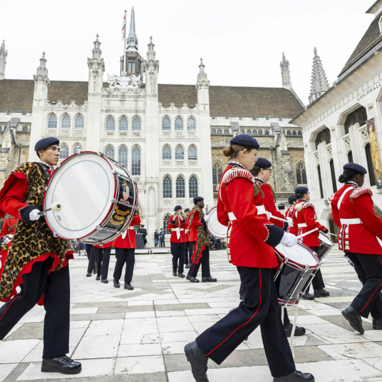 CCF cadets in a marching band, performing in the Lord Mayors Cadet Music Competition