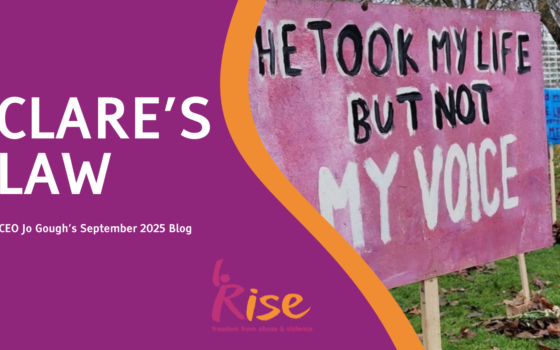A TWO PART IMAGE. LEFT-HAND SIDE PURPLE BACKGROUND WHITE TEXT READING CLARES LAW. CEO JOE GOFF'S SEPTEMBER BLOG. RIGHT HAND SIDE PHOTOGRAPH OF A PROTEST BANNER READING HE TOOK MY LIFE BUT NOT MY VOICE.