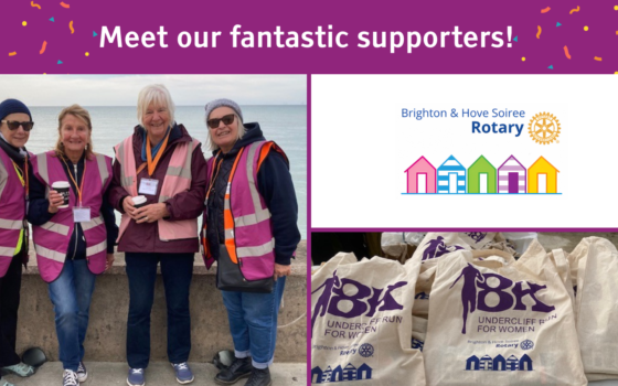 A composite image including a photograph of four women wearing rise volunteer tabards, the Brighton ad HOve Soiree Rotary logo, text reading 'Meet our fantastic supporters' and a picture of the RISE 8K tote bags with the soirée logo on
