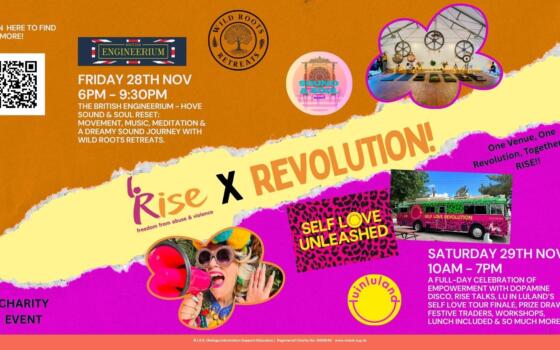 A composite image including text and multiple images on a multicoloured background. The image is for the RISE X Revolution events in partnership with Wild Roots on Friday 28 and Saturday 29 November at The British Engineerium - Hove