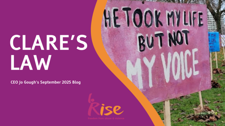 A TWO PART IMAGE. LEFT-HAND SIDE PURPLE BACKGROUND WHITE TEXT READING CLARES LAW. CEO JOE GOFF'S SEPTEMBER BLOG. RIGHT HAND SIDE PHOTOGRAPH OF A PROTEST BANNER READING HE TOOK MY LIFE BUT NOT MY VOICE.