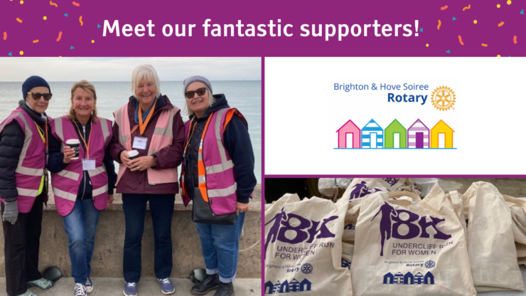 A composite image including a photograph of four women wearing rise volunteer tabards, the Brighton ad HOve Soiree Rotary logo, text reading 'Meet our fantastic supporters' and a picture of the RISE 8K tote bags with the soirée logo on