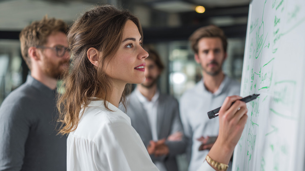 Woman writing ideas on a whiteboard while colleagues watch during a team meeting | Amodaia
