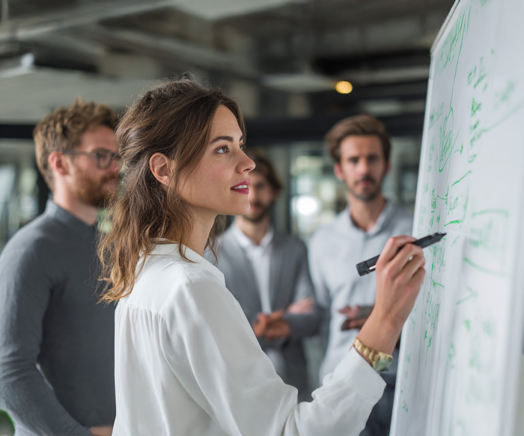 Woman leading a brainstorming session at a whiteboard with colleagues listening | Amodaia