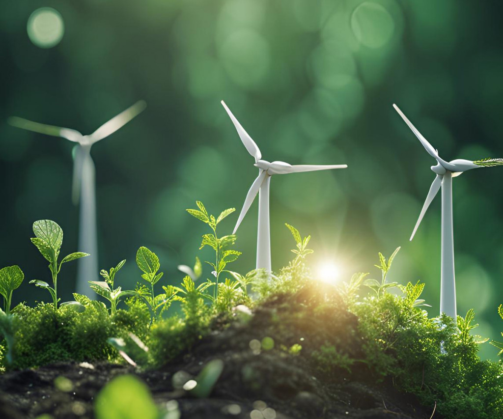 Wind turbines and young green plants growing under sunlight symbolizing clean energy and sustainability | Amodaia