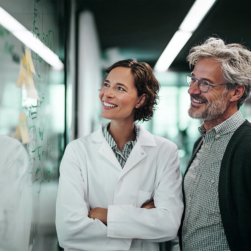 Scientist in a lab coat smiling with a colleague while discussing notes on a glass board | Amodaia
