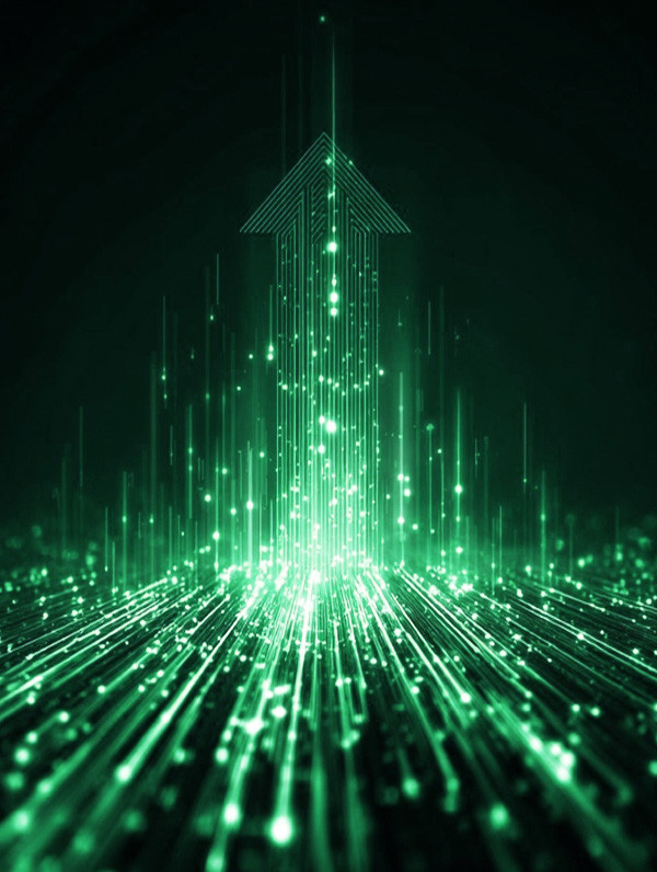 Digital green arrow made of glowing lines and particles pointing upward, symbolizing growth and progress | Amodaia