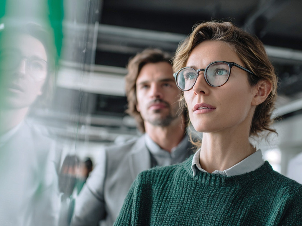 Focused businesswoman in glasses and green sweater standing with two male colleagues, all looking attentively at a glass board with notes in a modern office | Amodaia Focused businesswoman in glasses and green sweater standing with two male colleagues, all looking attentively at a glass board with notes in a modern office | Amodaia