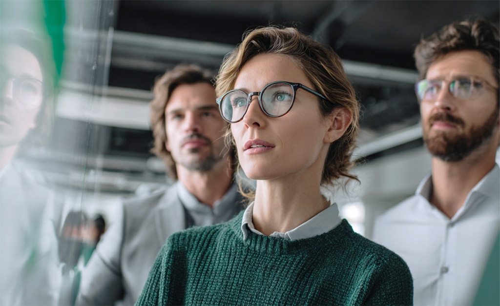 Focused businesswoman in glasses and green sweater standing with two male colleagues, all looking attentively at a glass board with notes in a modern office | Amodaia Focused businesswoman in glasses and green sweater standing with two male colleagues, all looking attentively at a glass board with notes in a modern office | Amodaia