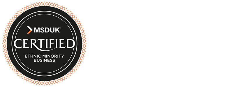 MSDUK certified ethnic minority business badge with a bold circular design and orange border | Amodaia