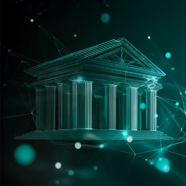 Digital illustration of a classical government building with columns, surrounded by glowing teal network connections | Amodaia