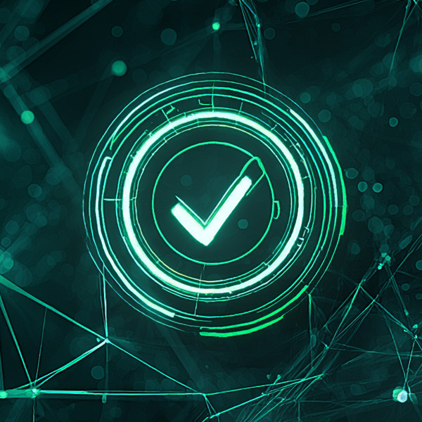 Futuristic digital illustration of a checked logo, surrounded by floating particles and network lines | Amodaia